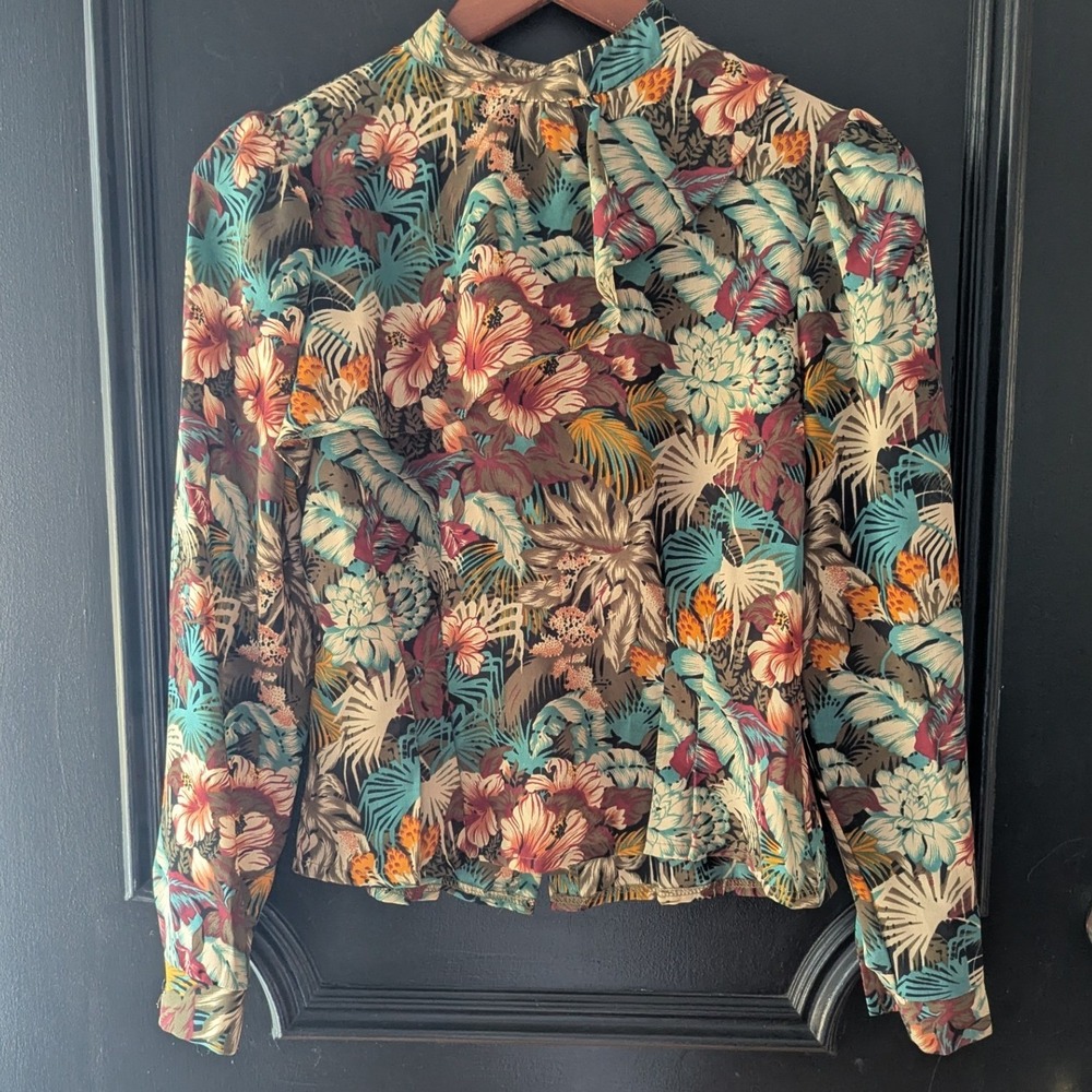 Vtg 90's Tropical Floral High Neck Blouse Long Sleeve Button Back Womens Sz L